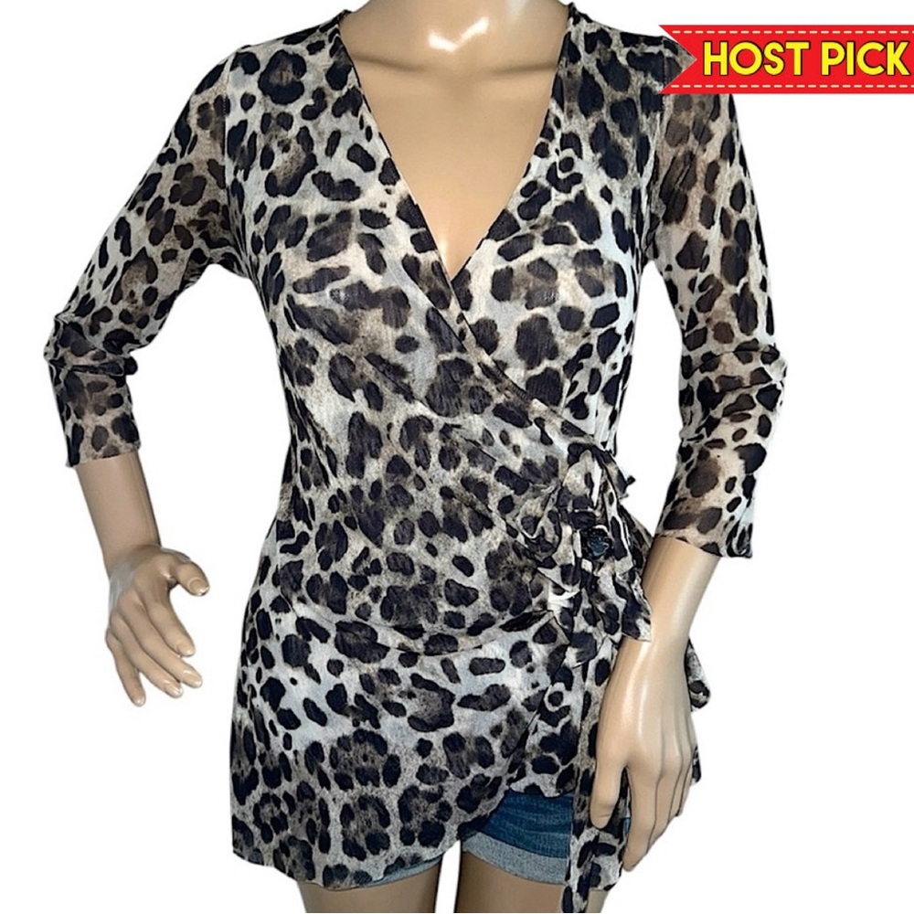 JOHNNY HEAVEN | LEOPARD PRINT MESH 3/4 SLEEVE WRAP TOP